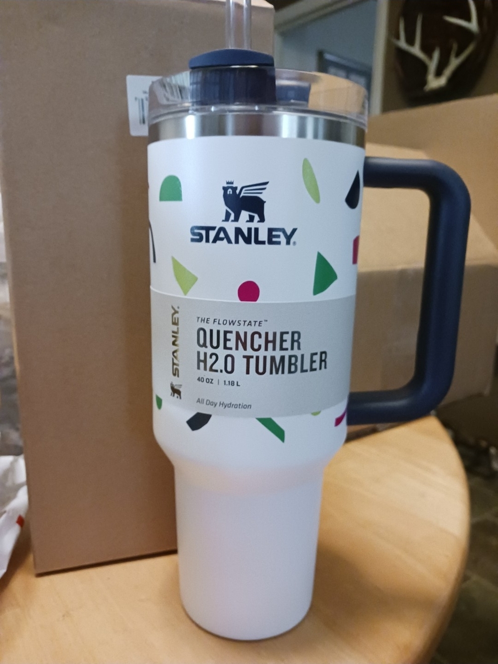 Stanley White Tumbler with Navy Handle and Multicolor Confetti